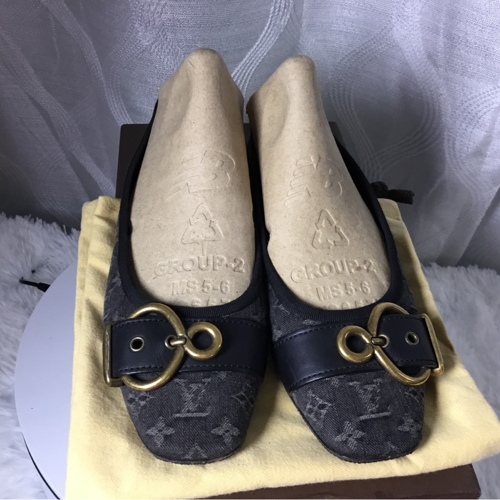 Louis Vuitton Monogram Canvas Black & Brown Buckle Ballet Flats